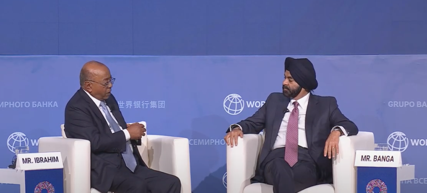 Mo Ibrahim and Ajay Banga, participated in a one-on-one conversation during the IMF-World Bank meetings in Marrakech, Morocco