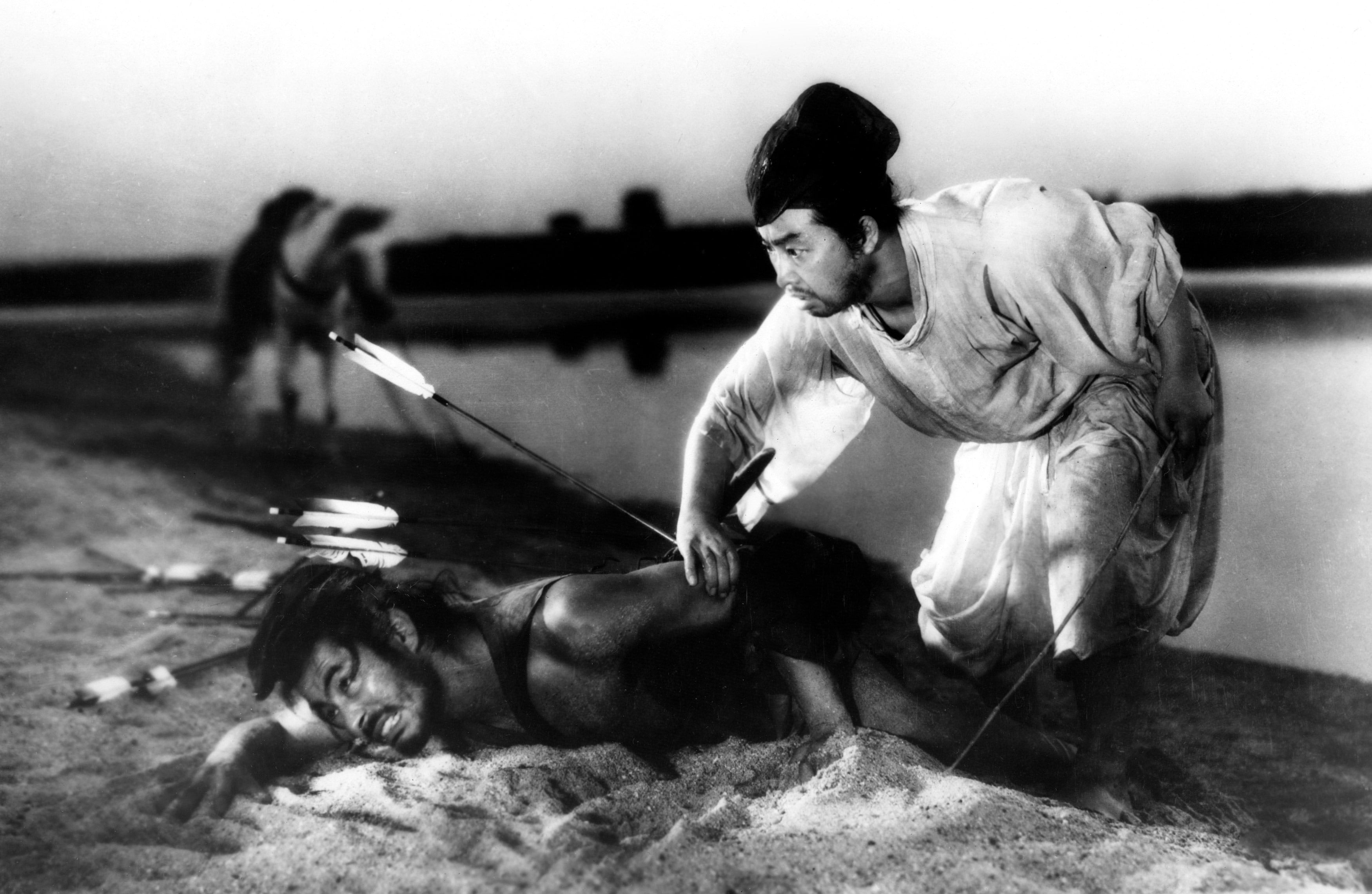 Press photo of Toshiro Mifune and Daisuke Katō from the movie Rashomon