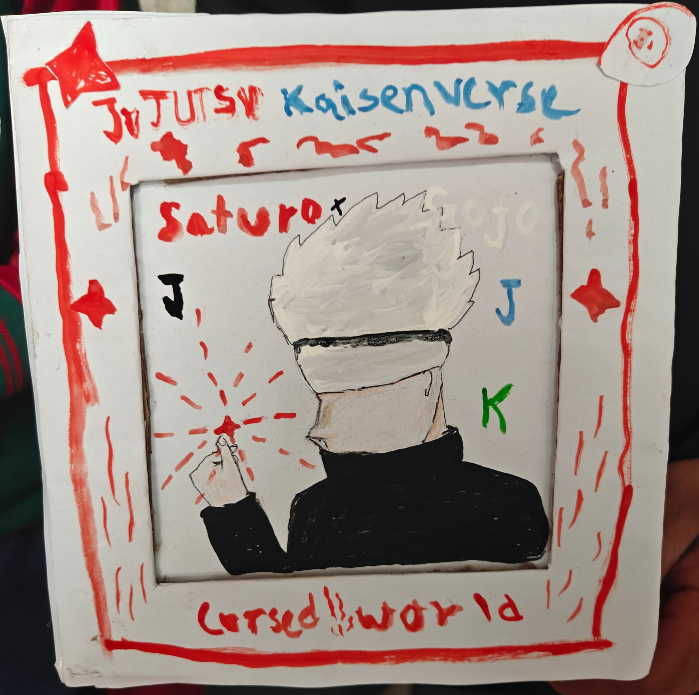 Student artwork of Satoru Gojo on an upcycled photo frame during a workshop in Lapa.