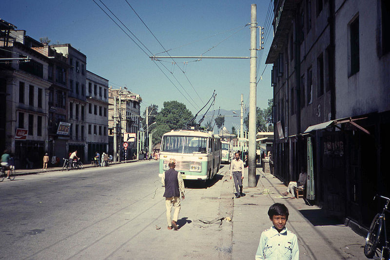 Trolleybus in Kathmandu (1985) | Photo by Smiley.toerist on Wikimedia Commons under Creative Commons