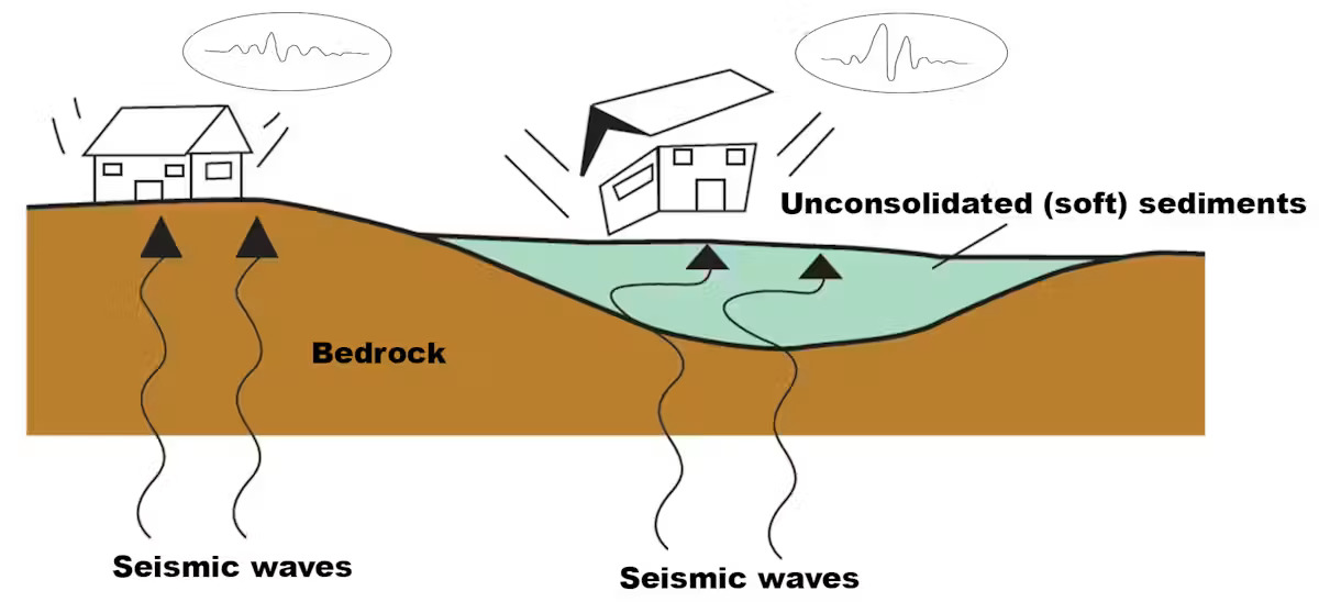 As seismic waves travel from more solid basement rocks to sedimentary rocks, their amplitude will increase to compensate for the drop in wave speed. Author provided, CC BY-SA
